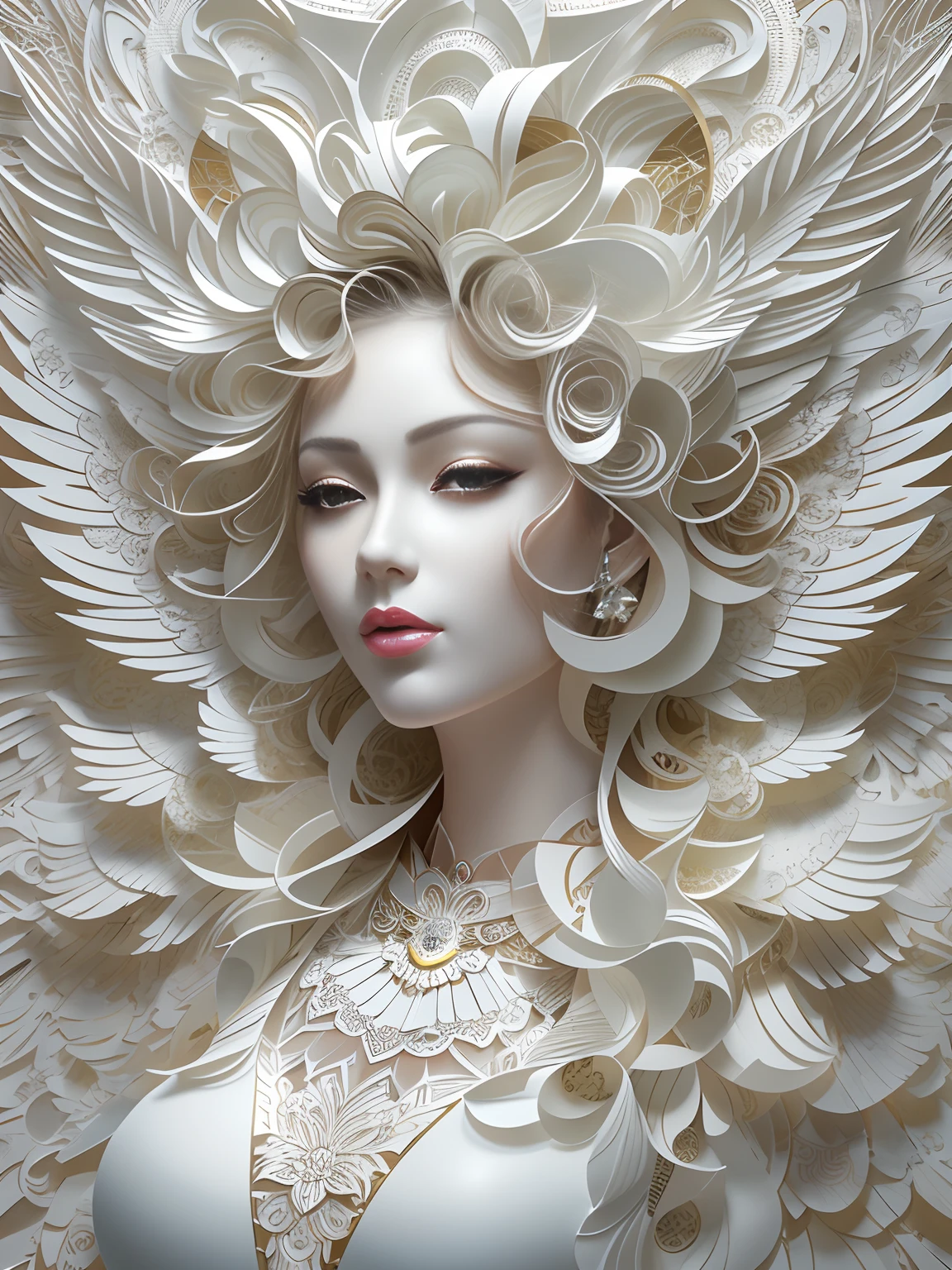 tmasterpiece，k hd，8K，rendering。(((arte em papel cortado，Flat paper cutout，paper art，layered paper art，paper cut out，Hollow-out on，sculpted)))。（（beautiful angel，Beautiful facial features，Redlip，the angel's wings，White）），3D立体，Complex digital art，, karol bak uhd, intricate beautiful faces, gorgeous digital art, 3 d goddess portrait, beautiful gorgeous digital art, beautiful intricate face, Beautiful digital artwork, beautiful digital art, digital intricate art, stunning digital art, Beautiful art UHD 4 K, intricate wlop, Very Beautiful Digital Art