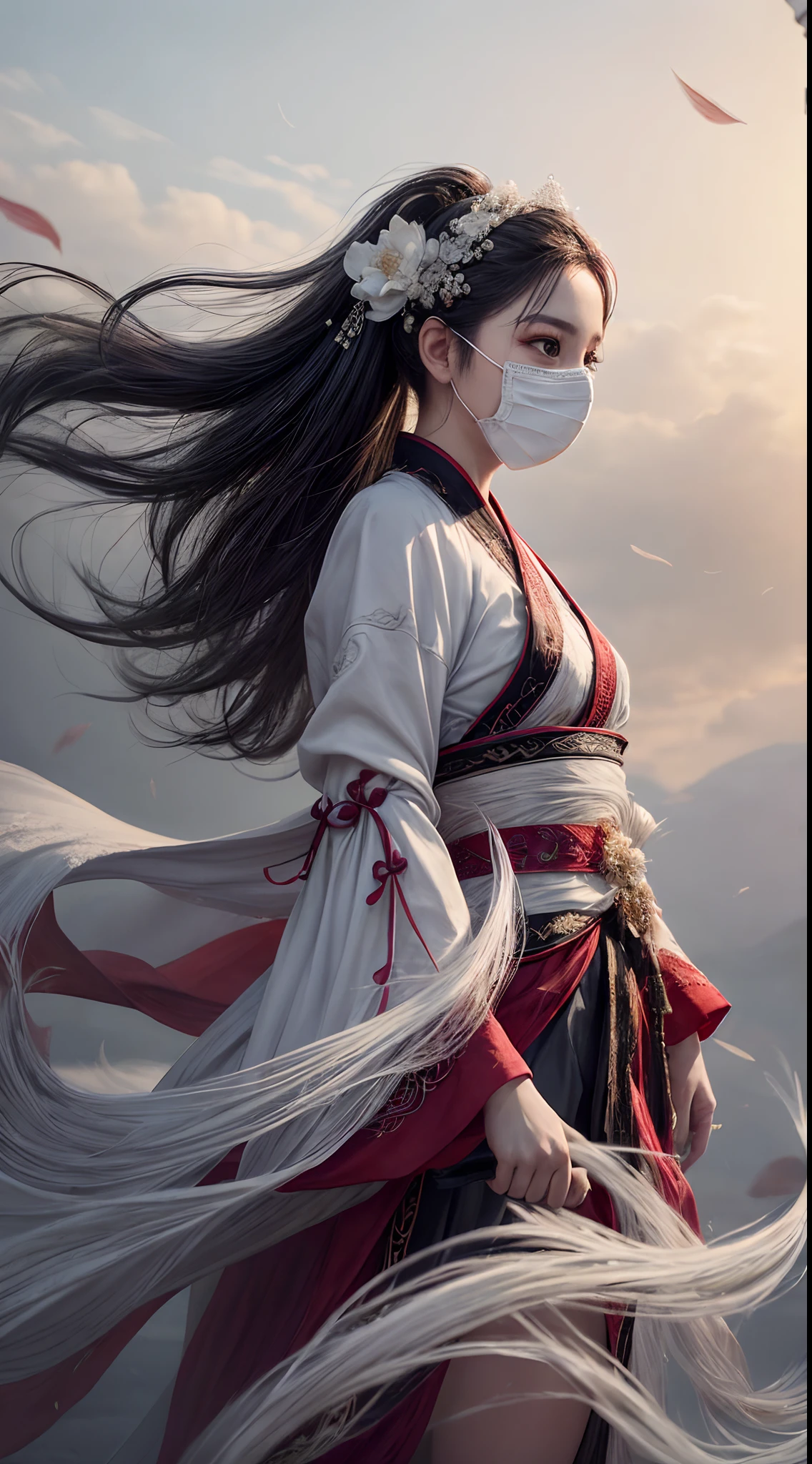 (Best quality,4K,A high resolution,Masterpiece:1.2), Ultra-detailed, Realistic, Black and white hanfu with black embroidery, Elegant white ponytail, long and flowing hair, White mask, A mask fluttering in the wind, Fringed Hair Ornament, Peony flower, Ancient style, oversized sleeves, Dynamic posing, Dramatic composition, Falling petals, red waistband, intricate background, Ancient architecture, A thin mist and thick clouds, Swirling clouds, Cinematic lighting, Complex feather background.