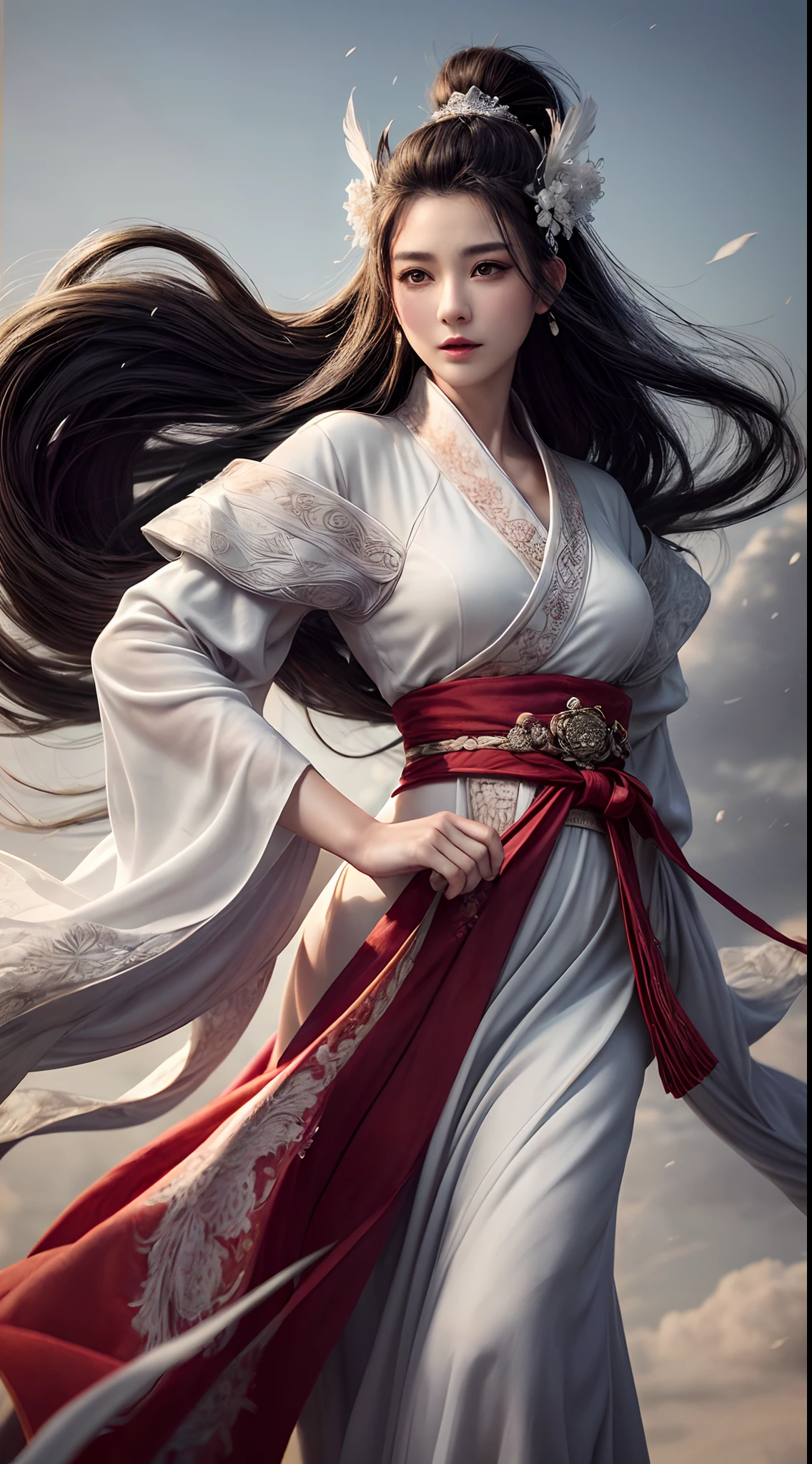 (Best quality,4K,A high resolution,Masterpiece:1.2), Ultra-detailed, Realistic, Black and white hanfu with black embroidery, Elegant white ponytail, long and flowing hair, White mask, A mask fluttering in the wind, Fringed Hair Ornament, Peony flower, Ancient style, oversized sleeves, Dynamic posing, Dramatic composition, Falling petals, red waistband, intricate background, Ancient architecture, A thin mist and thick clouds, Swirling clouds, Cinematic lighting, Complex feather background.