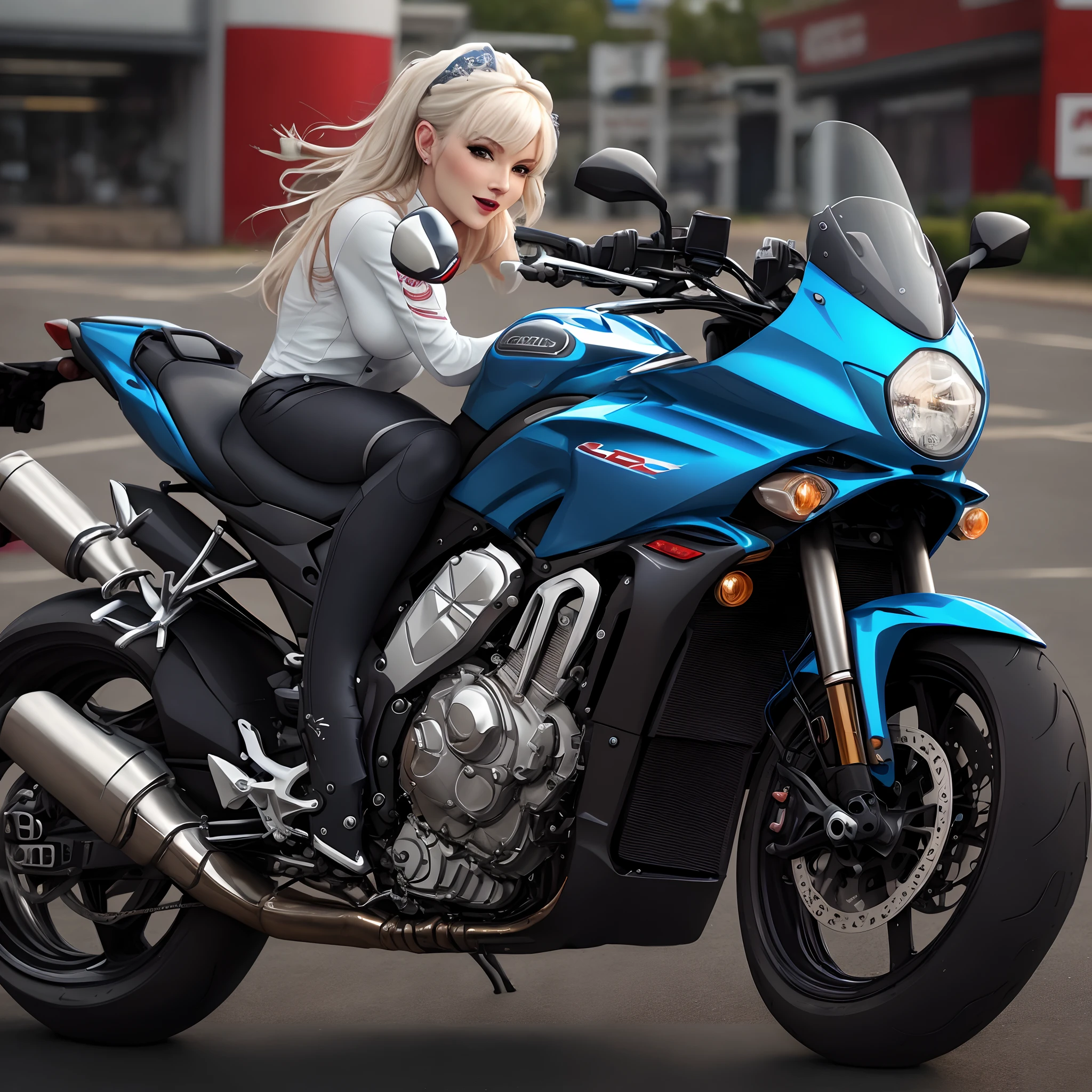 Femme blonde assise sur une moto bleue dans un parking - SeaArt AI