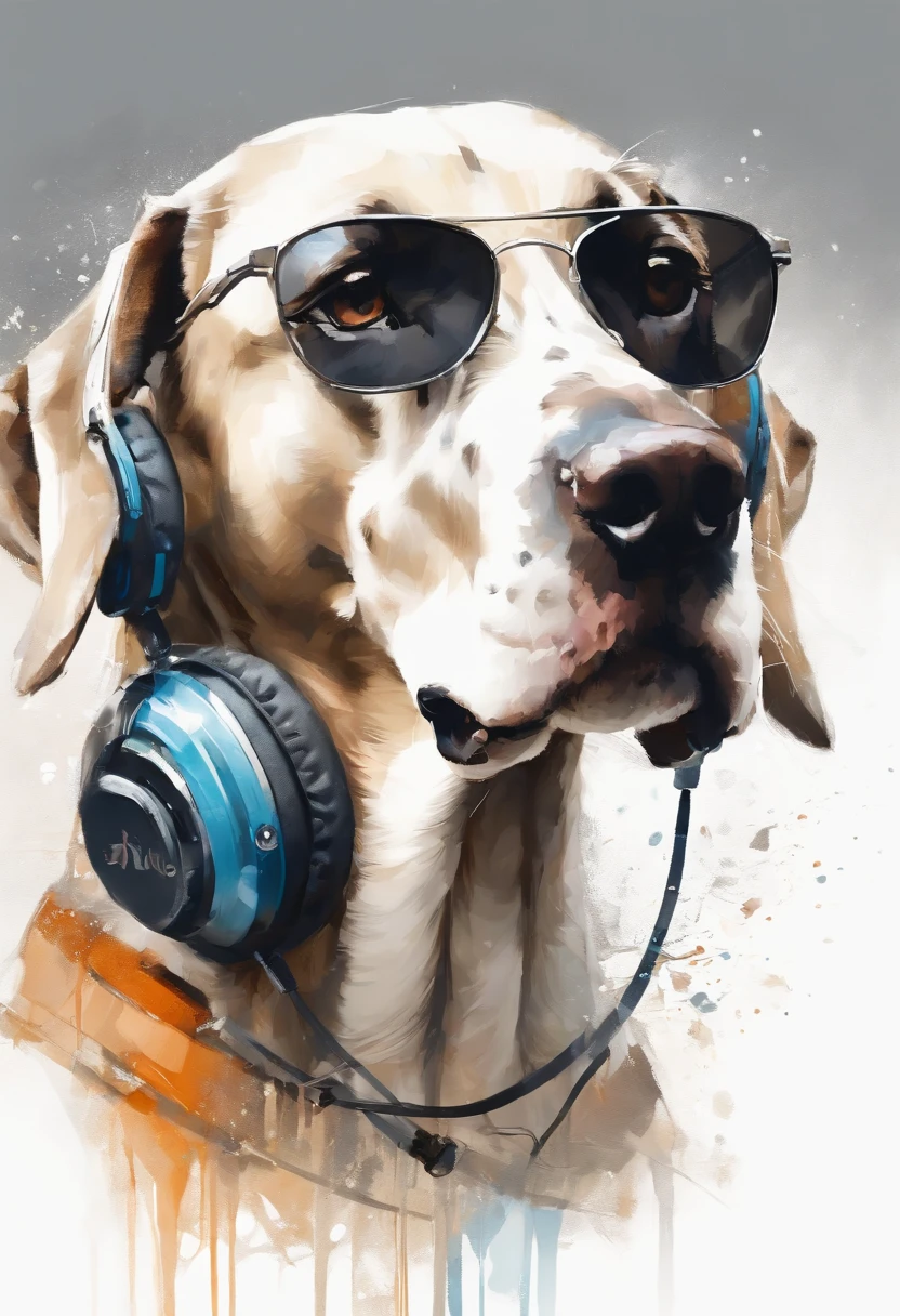 Pintura de um cachorro usando fones de ouvido e óculos escuros com  microfone - SeaArt AI