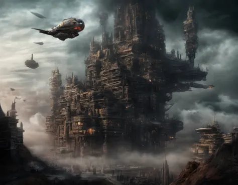 (sci fi art:1.5), Sci-fi post-apocalyptic world, (flying city:1.7), A white flying castle is located above, (The huge mechanism spews smoke:1.3), Panoramic view, Clouds of smoke, dark cloude, (Masterpiece), (Vivid colors:1.6)