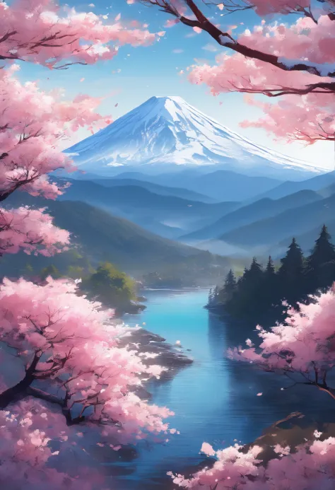 monte fuji,snow-capped summit,clear blue sky,no clouds,serene reflection in a lake,winding hiking trail,whispering pine trees,gentle breeze,tranquil atmosphere,pink cherry blossoms,crisp air,hiker admiring the view,majestic peak,snow-capped mountains in th...