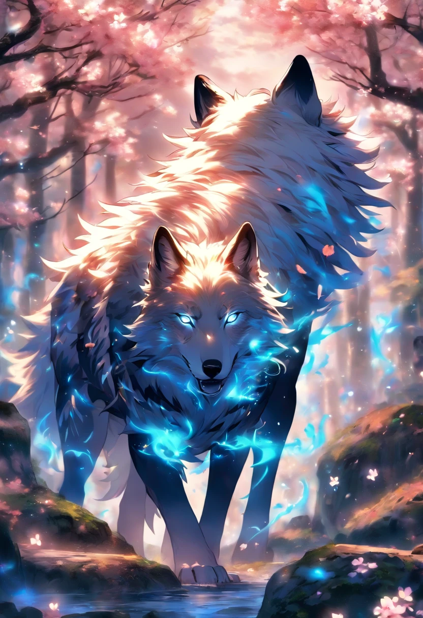 The most beautiful and enchanted wolf spirit, white hair, glowing blue eyes, tons of tattoos and piercings, in the most beautiful enchanted forest, graffiti and kanji elements in the background, cherry blossoms blowing in the wind, highly detailed, perfect masterpiece, high quality, high resolution