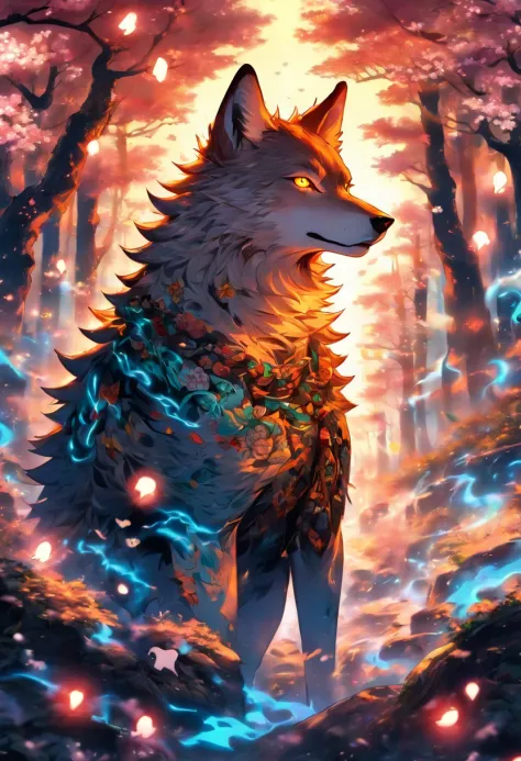 The most beautiful and enchanted wolf spirit, white hair, glowing yellow eyes, tons of tattoos and piercings, in the most beautiful enchanted forest, graffiti and kanji elements in the background, cherry blossoms blowing in the wind, highly detailed, perfe...