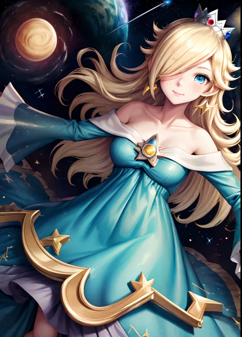masterpiece, best quality, rosalina, 1girl, solo, blue dress, crown, blonde hair, stunning blue eyes, light freckles, perfect face, floating in space, starry sky, nebulas, shooting stars, planets, slight smile, blush, Lovecraftian atmosphere, long sleeves,...