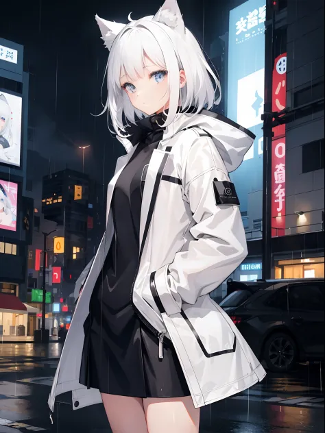 1 girl, White hair, cat ears, coat, rain, night city, hands in pocket, high quality