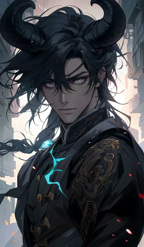 anime guy with horns and a goat head, anime tribal boy with long hair, handsome guy in demon slayer art, handsome japanese demon boy, detailed anime character art, detailed digital anime art, by Yang J, with his long black hair, anime handsome man, male an...