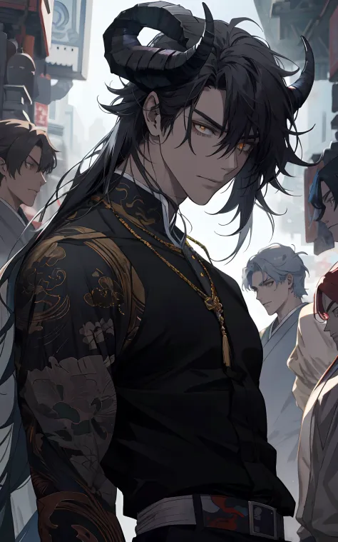 anime guy with horns and a goat head, anime tribal boy with long hair, golden glowing eye,one eye is covered with his hair bangs,handsome guy in demon slayer art, handsome japanese demon boy, detailed anime character art, detailed digital anime art, by Yan...