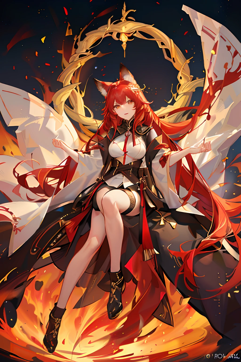 Red long-haired，Red fox ears，Golden eyes，flame