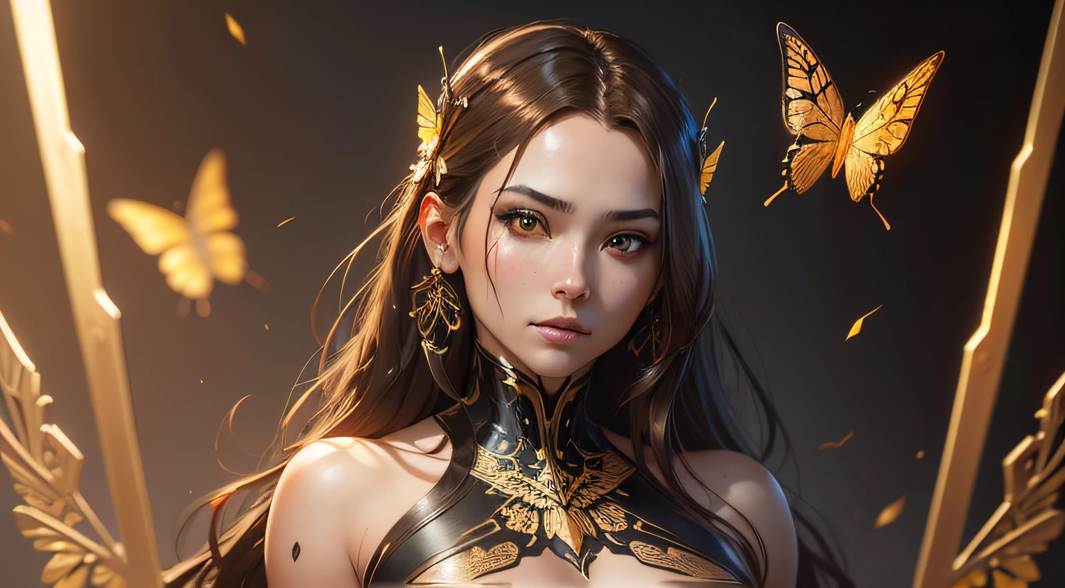 8k portrait of beautiful cyborg with brown hair, intricate, elegant, highly detailed, majestic, digital photography, art by artgerm and ruan jia and greg rutkowski surreal painting gold butterfly filigree, broken glass, (masterpiece, sidelighting, finely detailed beautiful eyes: 1.2), hdr