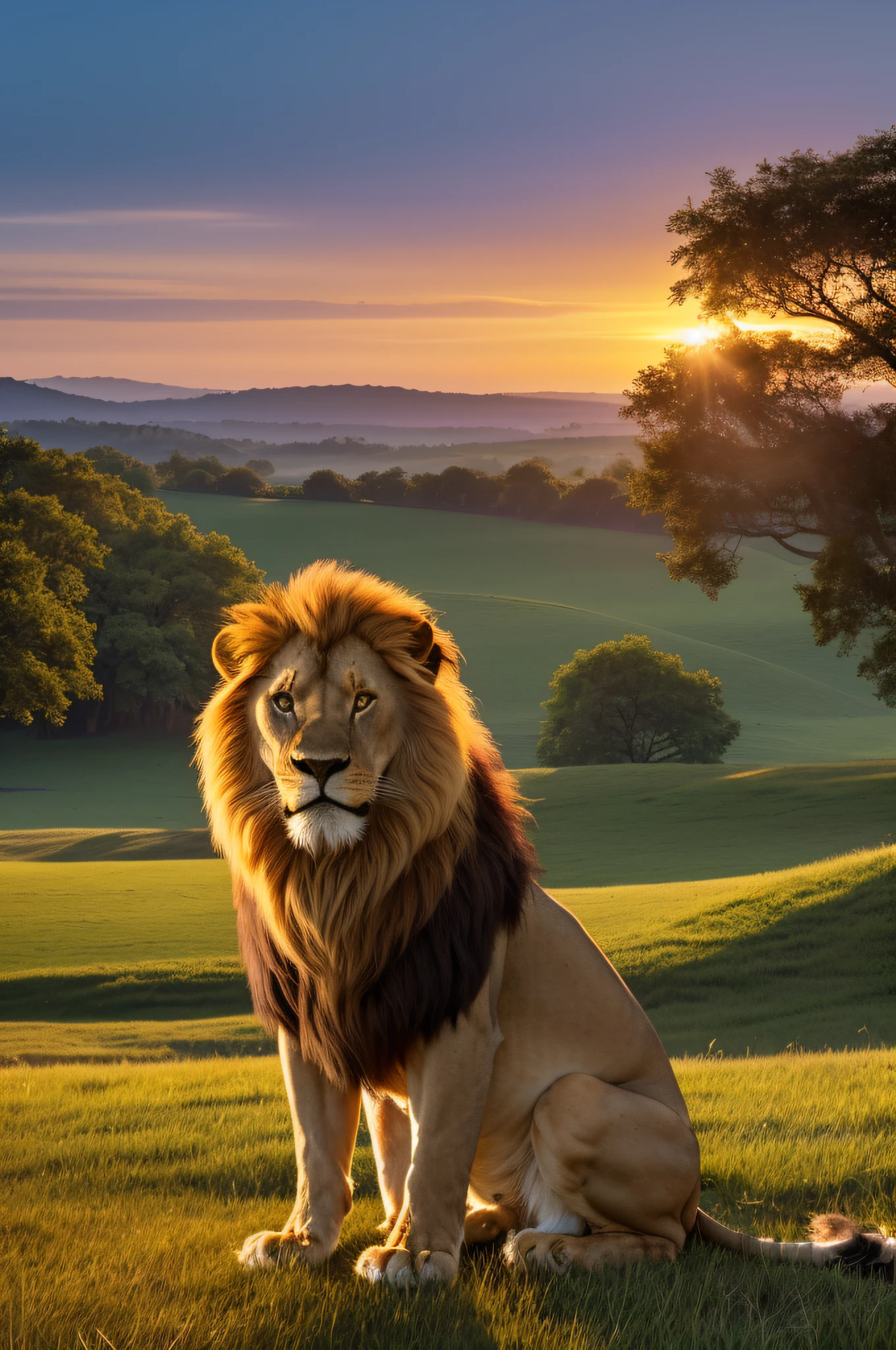 (A lion sitting on the edge of a hill, observing the sunset), (best quality,4k,highres,masterpiece:1.2), ultra-detailed,(realistic,photorealistic,photo-realistic:1.37), (landscape), (vivid colors, warm tones), (studio lighting), (lion's muscular build), (golden mane gently swaying in the wind), (long shadows cast by the setting sun), (majestic posture and focused gaze), (peaceful and serene atmosphere), (blazing orange and purple hues in the sky), (lush green grass on the hill), (silhouette of nearby trees), (soft breeze rustling the lion's mane), (golden sunlight illuminating the lion's face), (subtle play of light and shadow on the lion's fur), (captivating scene with a sense of tranquility), (stunning natural beauty), (dramatic perspective), (deep sense of connection with nature).