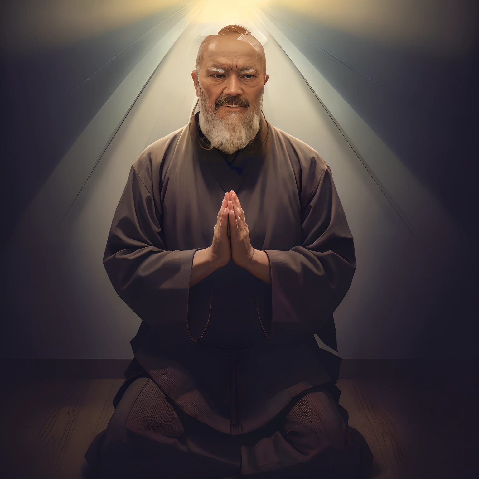 Bild eines Mannes, der mit gefalteten Händen in Meditationsposition sitzt, heiliger Mann, der auf den Boden blickt, Taoistischer Priester, Porträt des Mönchs, inspiriert von Weiwei, Ukrainischer Mönch, Konzeptkunst eines Mönchs, Mönch meditiert, 2 Mönch aus dem 1. Jahrhundert, inspiriert von Gyoshū Hayami, Riichi Ueshiba