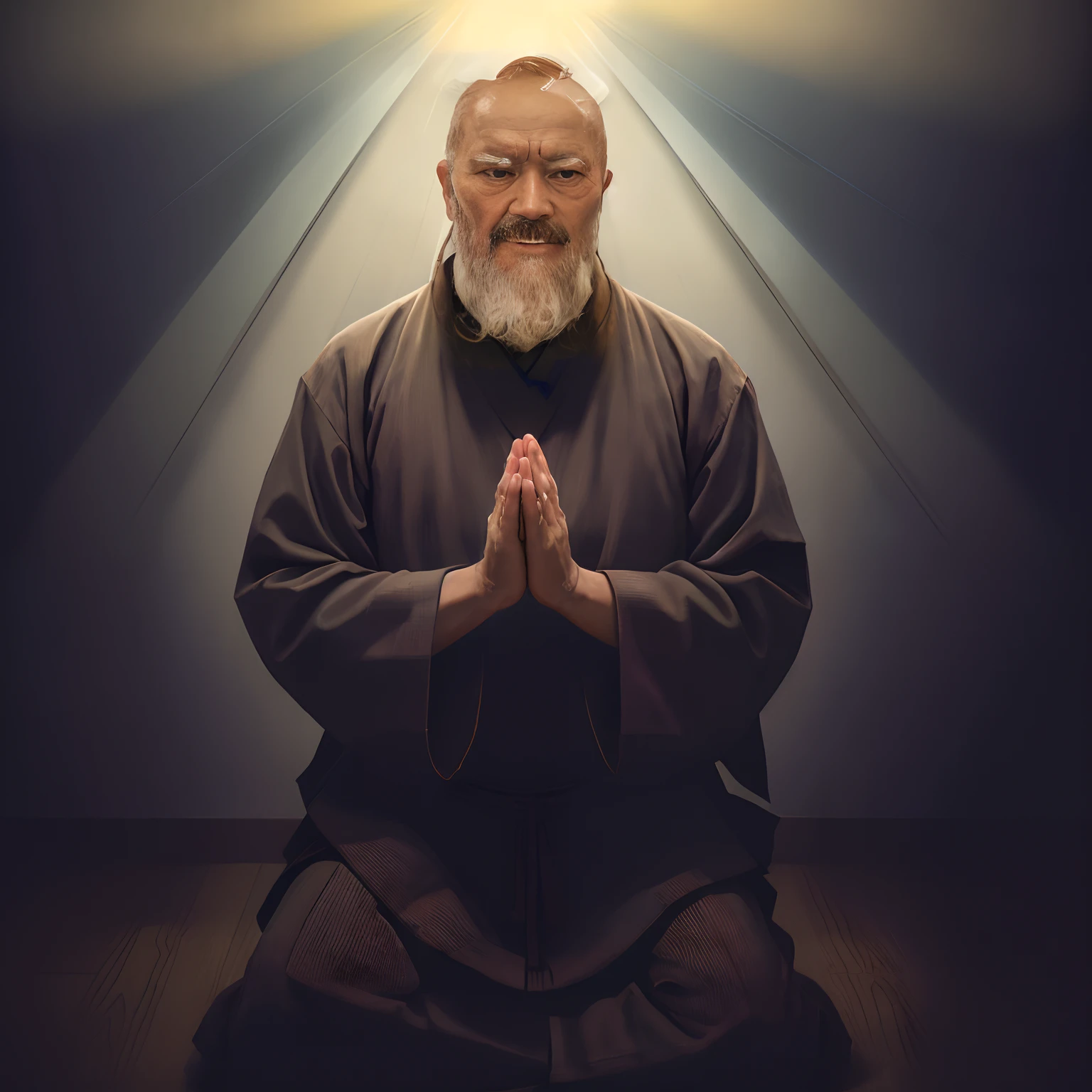 Image of a man sitting in a meditation position with his hands folded, holy man looking down at the ground, taoist priest, Retrato do monge, inspirado em Weiwei, Monge ucraniano, arte conceitual de um monge, monge meditar, 2 1 st century monk, inspired by Gyoshū Hayami, Riichi Ueshiba