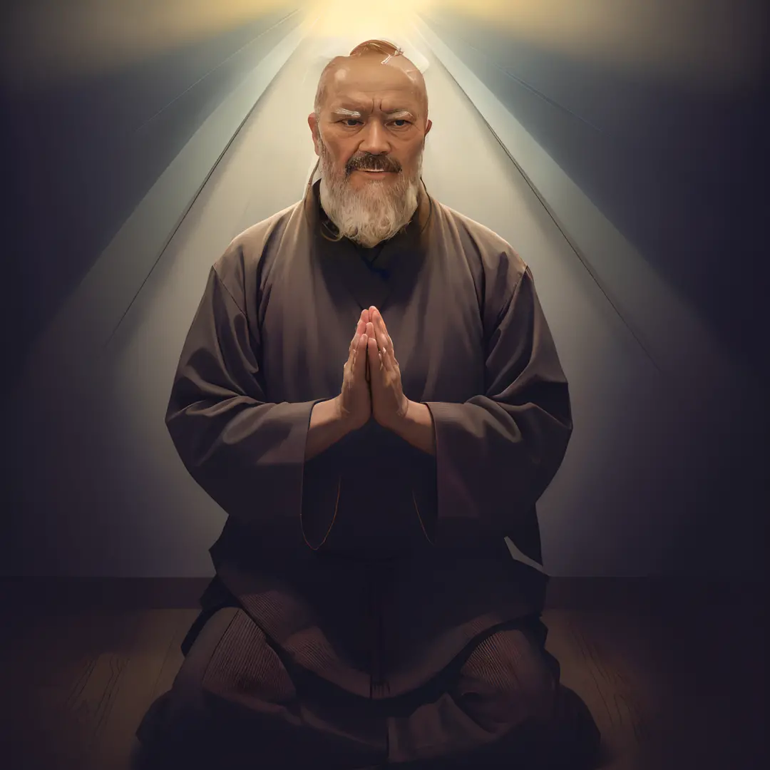 Image of a man sitting in a meditation position with his hands folded, holy man looking down at the ground, taoist priest, Retra...