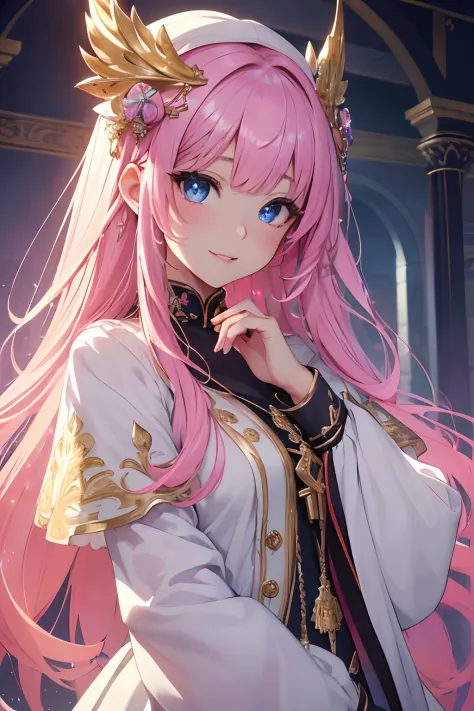 (​masterpiece、top-quality、top-quality、Official art、lightly detailed、Beautifully Aesthetic:1.2)、(1girl in)、(Fractal Art:1.3)、very long hairstyle、pink hair color colorful, large blue crystal eyes, sparkling big eyes, complex details beautiful and delicate ey...