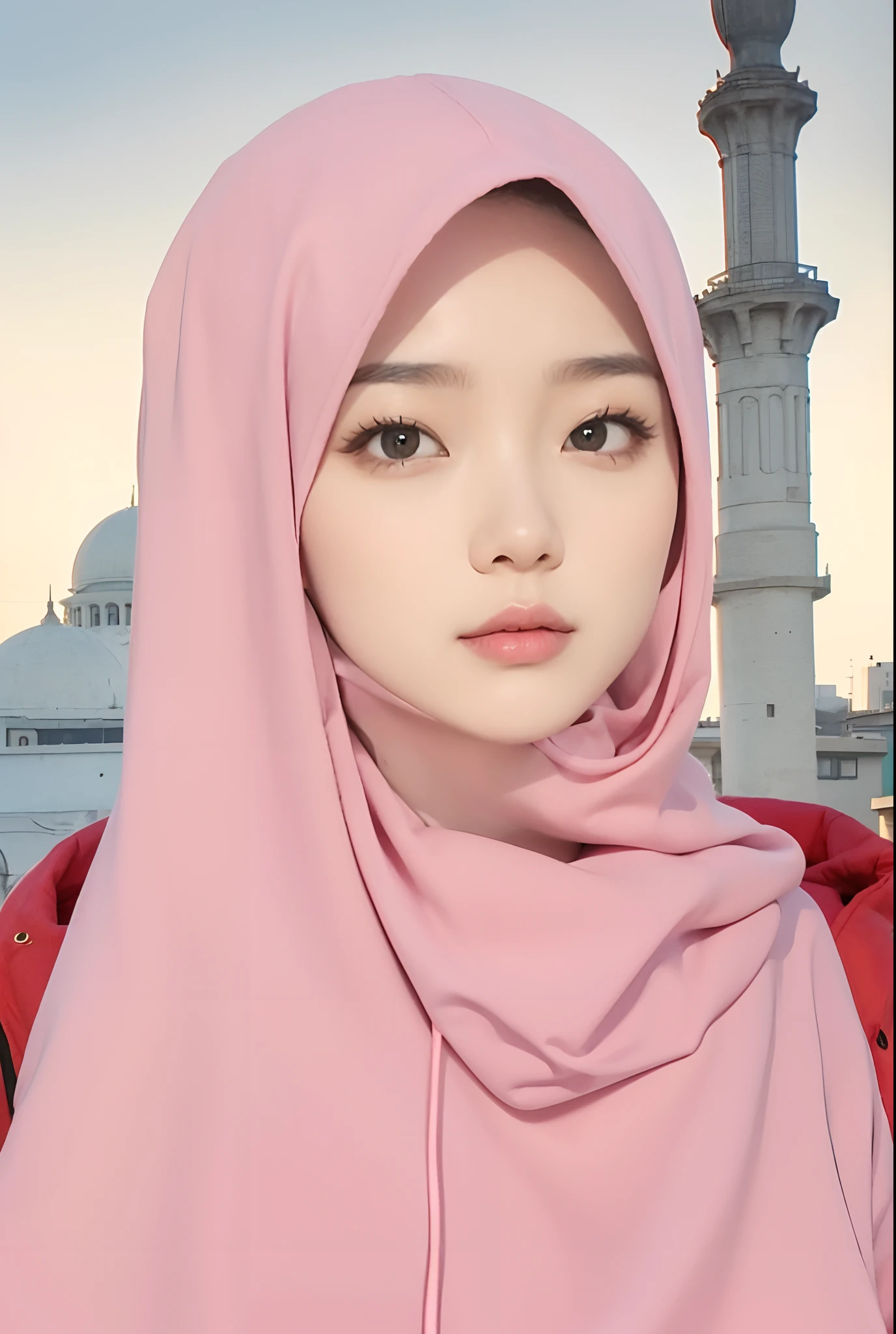 Real life adaption of this character,teen beauty Asian girl,Wearing realistic pink hijab, wearing red hoodie, realistic background, hyper realistic, realistic light, realistic shadow, realism,(photorealistic:1.2)