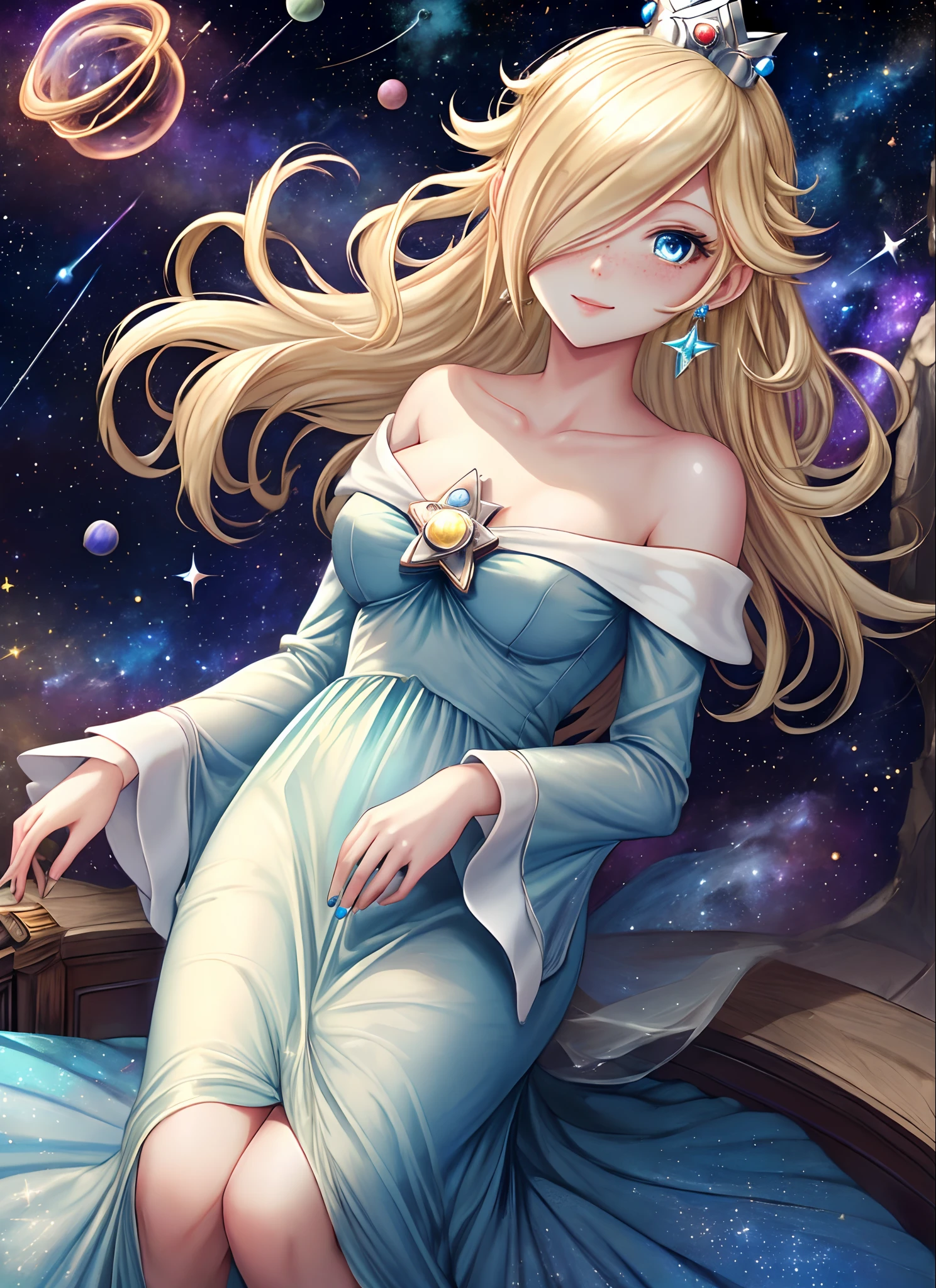 masterpiece, best quality, rosalina, 1girl, solo, blue dress, crown, blonde hair, stunning blue eyes, light freckles, perfect face, floating in space, starry sky, nebulas, shooting stars, planets, slight smile, blush, Lovecraftian atmosphere