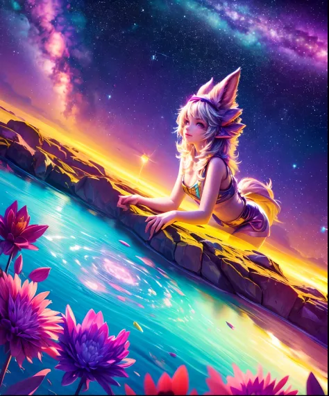 Describe a scene where a cute girl character is lying on a grassy hill, Looking up at the starry sky. Surround her with colorful...