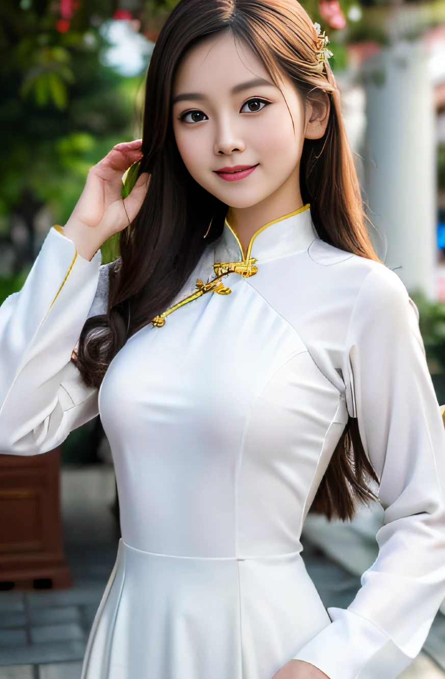 (8k, RAW photo, best quality, masterpiece:1.2), High detail RAW color photo, professional photograph,(realistic, photo realistic:1.2), ((best quality)), 1 girl, cinematic light, HDR, (finely detailed face:1.2), (masterpiece:1.5), (best quality:1.2), (smiling:1.2), (looking at viewer:1.2), (Vietnamese women:1.4), beautiful, cute like a doll, 16 years old, (warm smile:1.2),small nostrils,  (traditional ao dai:1.3), (unadorned plain white ao dai:1.3),vietnamese high school uniform, long-sleeved,(ornament-free:1.2),white pants,medium bust, narrow waist, upper body,light makeup, big round eyes,long-sleeved,shallow depth of field, focus on the eyes, crowded street at Ho Chi Minh city,