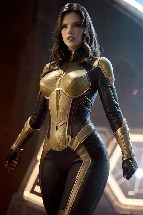 Marvel, The Wasp outfit,, realistically, dynamic lights,, full shoot, (extremely detailed CG unity 8k wallpaper), trending on ArtStation, trending on CGSociety, High Detail, Sharp focus, dramatic, photorealistic, femme, slender, ((long black hair)), thin w...