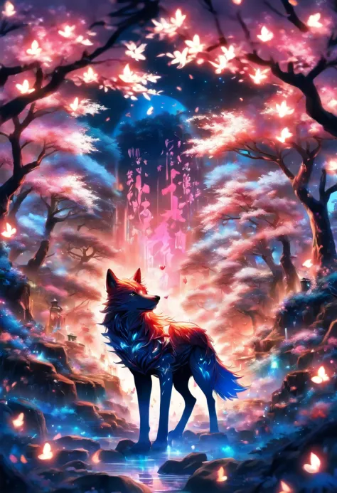 The most beautiful and enchanted wolf spirit, white hair, glowing blue eyes, tons of tattoos and piercings, in the most beautiful enchanted forest, graffiti and kanji elements in the background, cherry blossoms blowing in the wind, highly detailed, perfect...