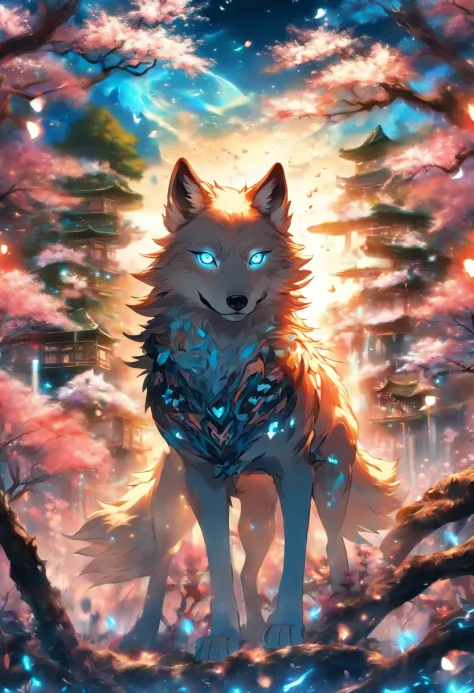 The most beautiful and enchanted wolf spirit, white hair, glowing blue eyes, tons of tattoos and piercings, in the most beautiful enchanted forest, graffiti and kanji elements in the background, cherry blossoms blowing in the wind, highly detailed, perfect...