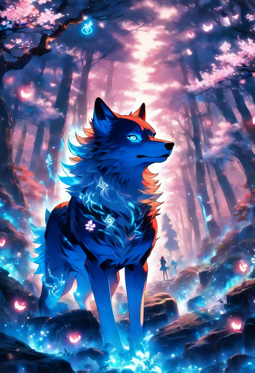 The most beautiful and enchanted wolf spirit, white hair, glowing blue eyes, tons of tattoos and piercings, in the most beautiful enchanted forest, graffiti and kanji elements in the background, cherry blossoms blowing in the wind, highly detailed, perfect masterpiece, high quality, high resolution