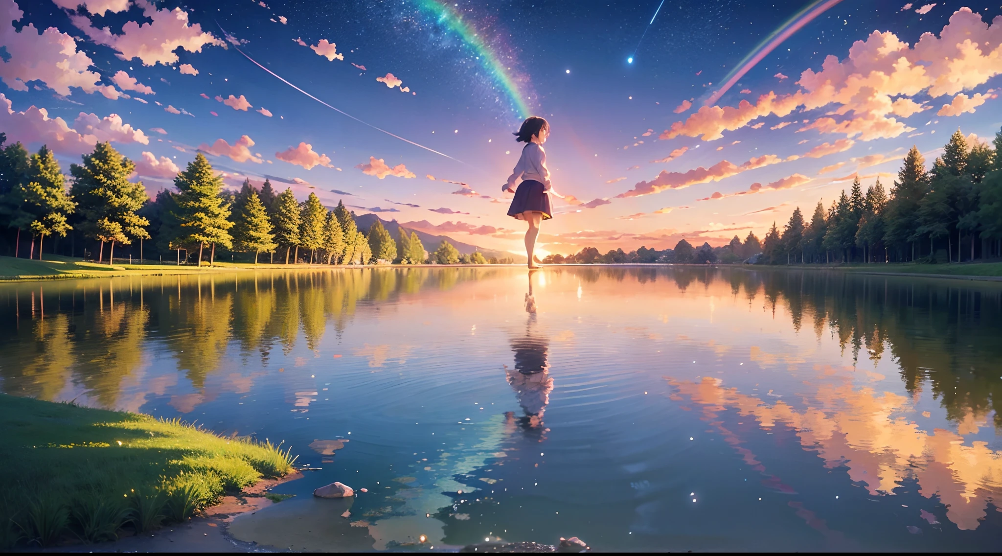 An anime-inspired scene with intricate details where children play happily in a puddle of water. Ensure the highest quality and use HDR, UHD and 64K resolution for a complex composition. Incorporate a vivid, colorful rainbow arcing across the sky. Artists: Hayao Miyazaki, Makoto Shinkai