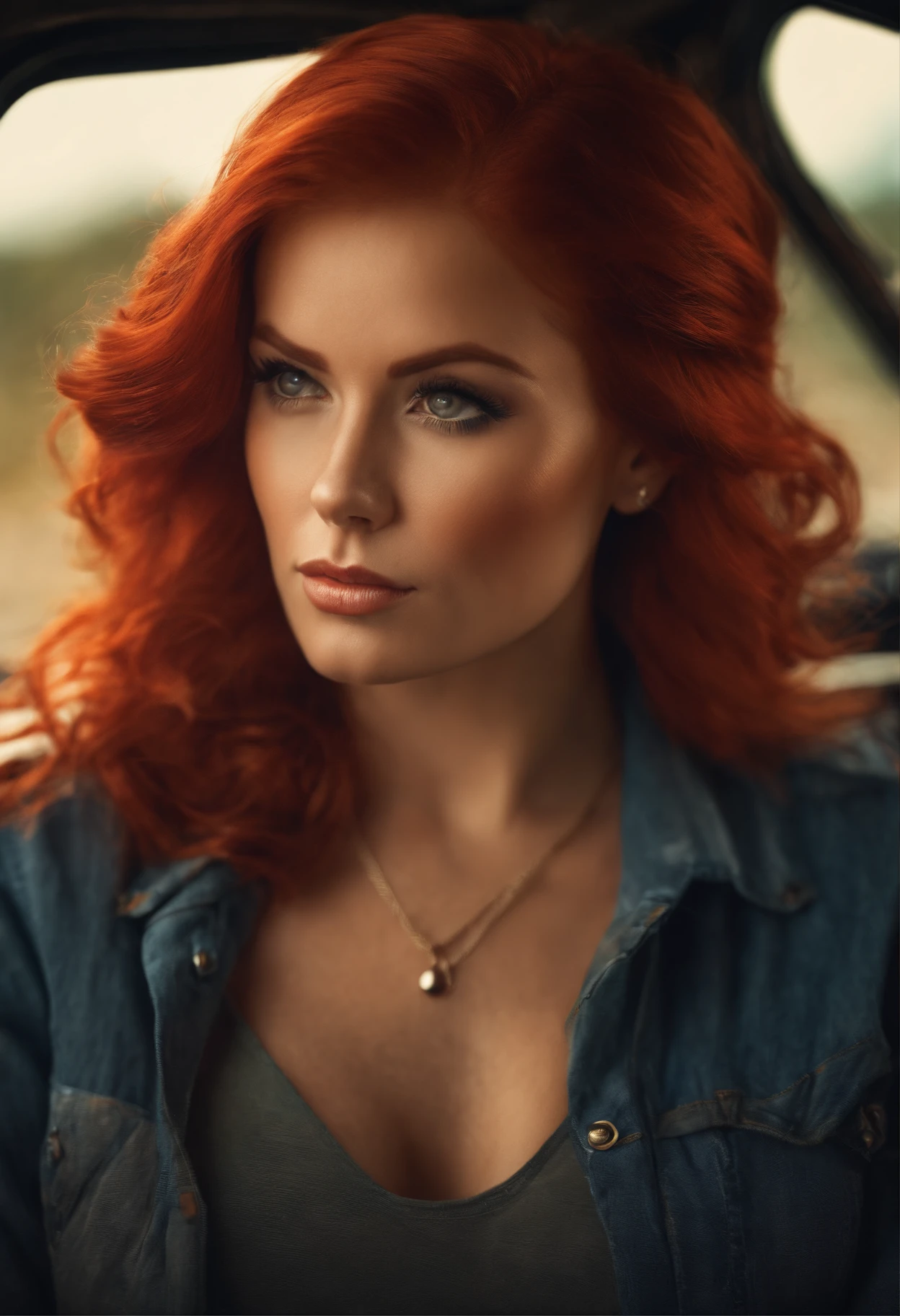 A close up of a woman with red hair sitting in a car - SeaArt AI