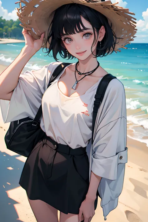 Young woman 25 years old : 1.3, Short black hair: 1.2, Daytime: 1.2, Casual wear: 1.2, a smile: 1.2, walk on a beach, summer, Look at viewers, Super Detail, Textured skin, high detailing, Best Quality, 8K,thin bangs