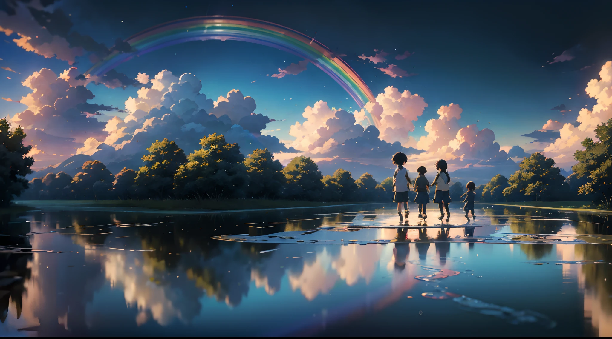 Une scène inspirée d&#39;un anime avec des détails complexes où des enfants jouent joyeusement dans une flaque d&#39;eau. Garantissez la plus haute qualité et utilisez le HDR, Résolution UHD et K pour une composition complexe. Incorporer un, arc-en-ciel coloré traversant le ciel. Artistes: Hayao Miyazaki, Makoto Shinkai