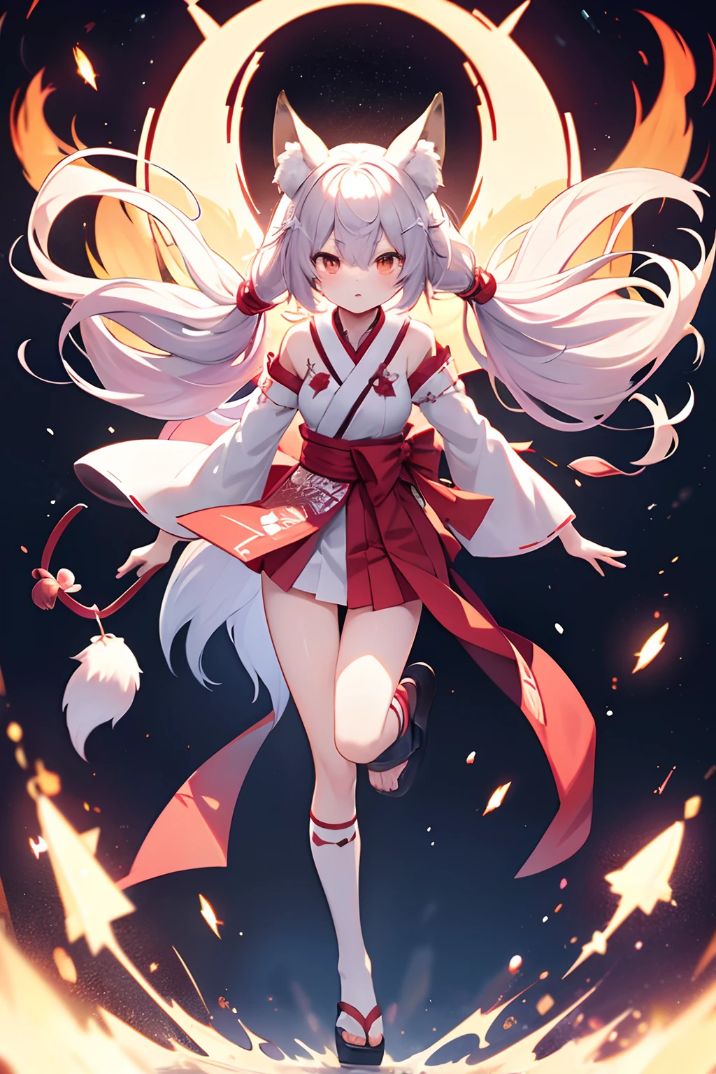 starnight, fullbody, miko, twintails, floating hair, fox mask, angry, anime style, anime, drop shadow, best quality, 4K, award winning, super detail, textured skin