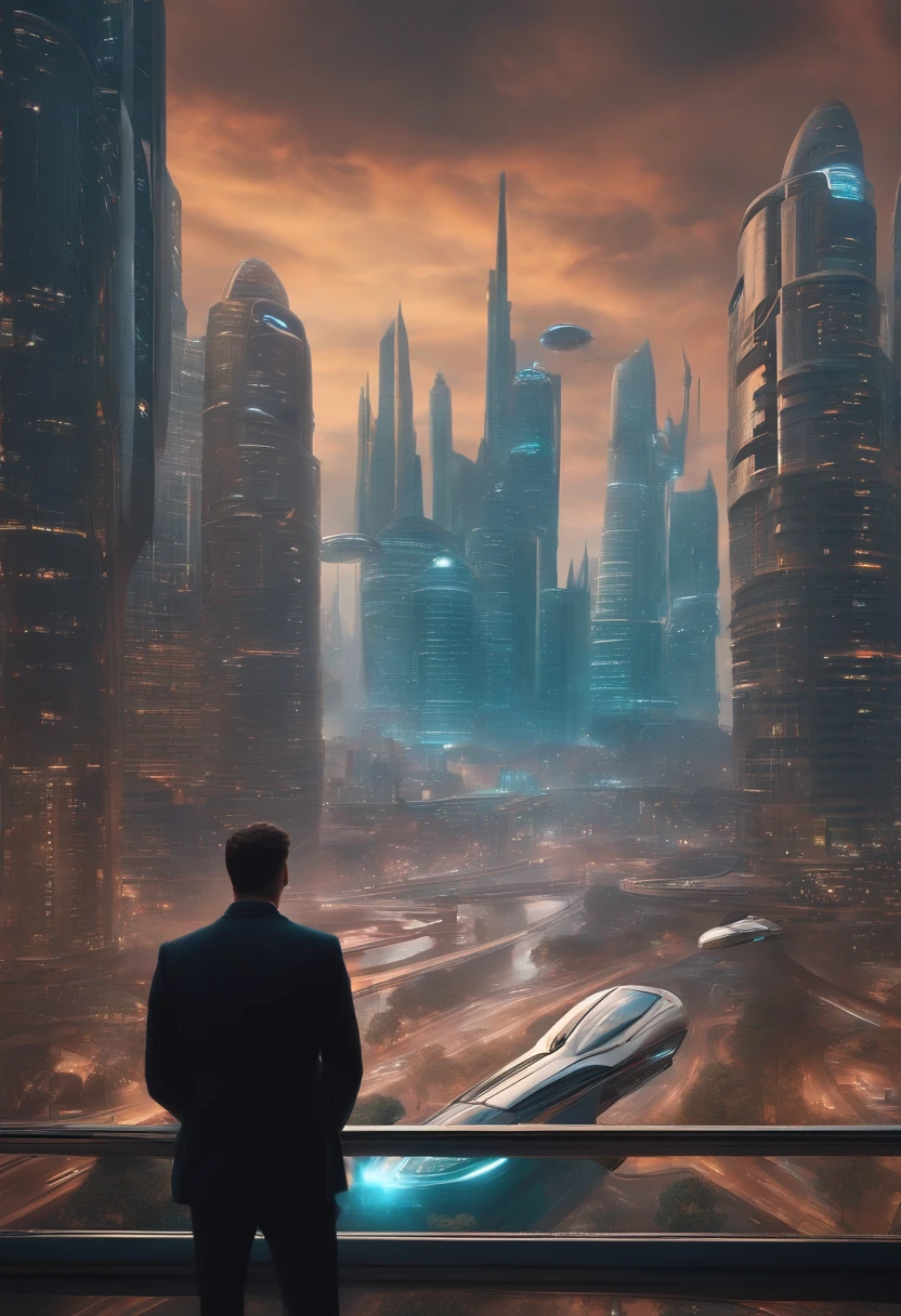 Hombre mirando un edificio en una ciudad futurista con autos voladores por todas partes, poner una mirada en el rostro del hombre de la felicidad