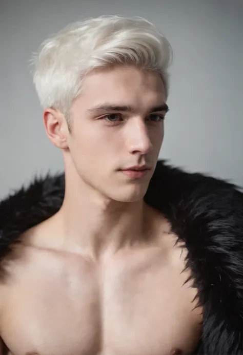 Young Man, 20 Years Old, White Hair, Shirtless, Wearing A Black Fur 