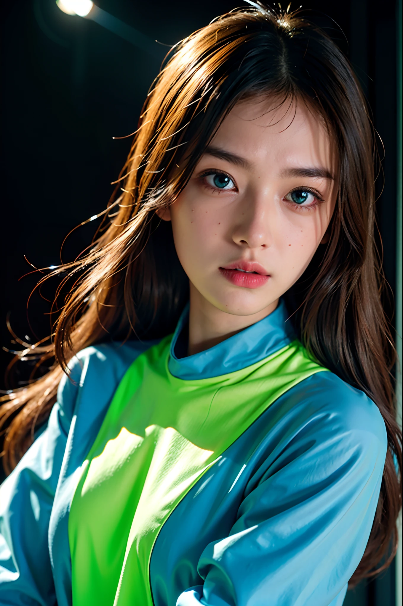 (Small grain:0.5), motion picture, 1girl, outer space, detailed eyes, detailed face, Futuristic clothing details, Lights in clothes, (concealment:1.1), (sideways glance:1.1), volumetric light, solitude, light, Red fluorescent profile, Green Fluorescent Profile, Blue Fluorescent Profile