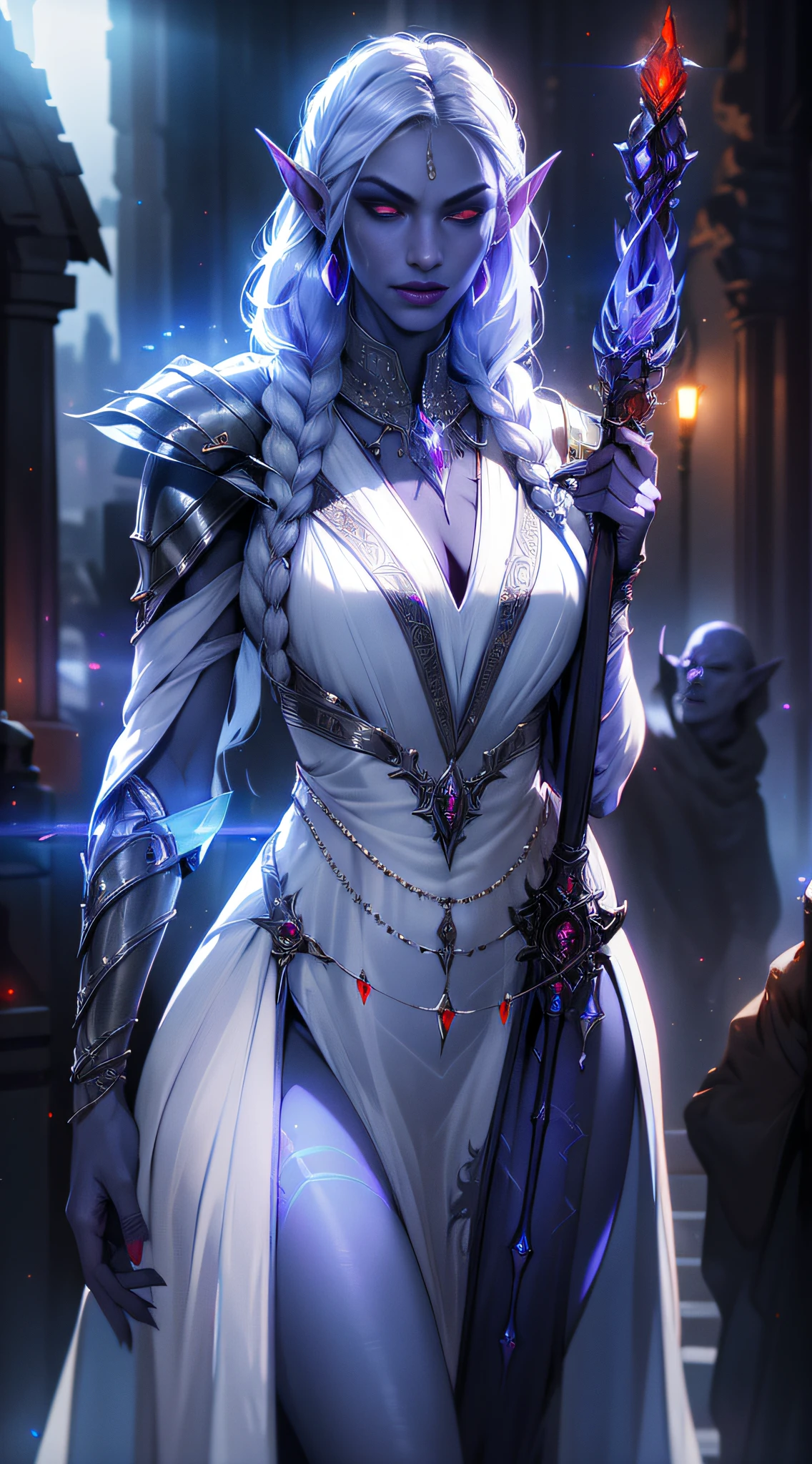 1girl, sexy drow, purple-blue skin, pale silver long elaborate braids, ((red eyes)), jewels, elf ears, earrings, ((white sorceress sexy dress)), ((wields staff)), ((cast light magic)), on a roof of scyscraper, athletic, volumetric lighting, best quality, masterpiece, realistic, anatomically correct, (strong cinematic lighting), stunning details, intricate details, 8k post-production, High resolution, super details, trending on ArtStation, sharp focus, depth of field f/1.8, studio photos, (((looking at camera)))