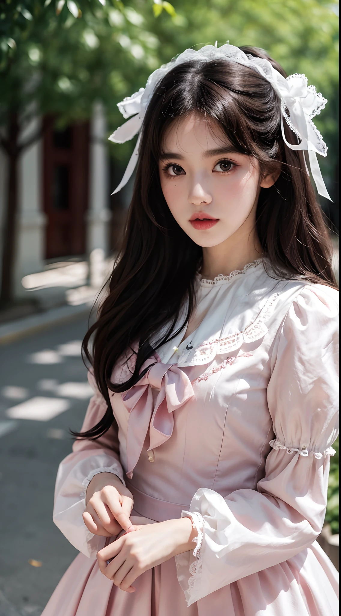 (Best quality,16k,High resolution photography:1.2), Lolita style, Wearing Lolita clothes, （Lolita style clothing，Lace is included in the requirements、Elements such as bows and puff sleeves，And presents elegant and cute features）,Korean and Japanese beautiful girls, Street background, Vibrant colors, Detailed eyes and lips, Small cherry bites,(Lovely,Charming:1.1),Ultra-fine painting, Sharp focus, Studio lighting