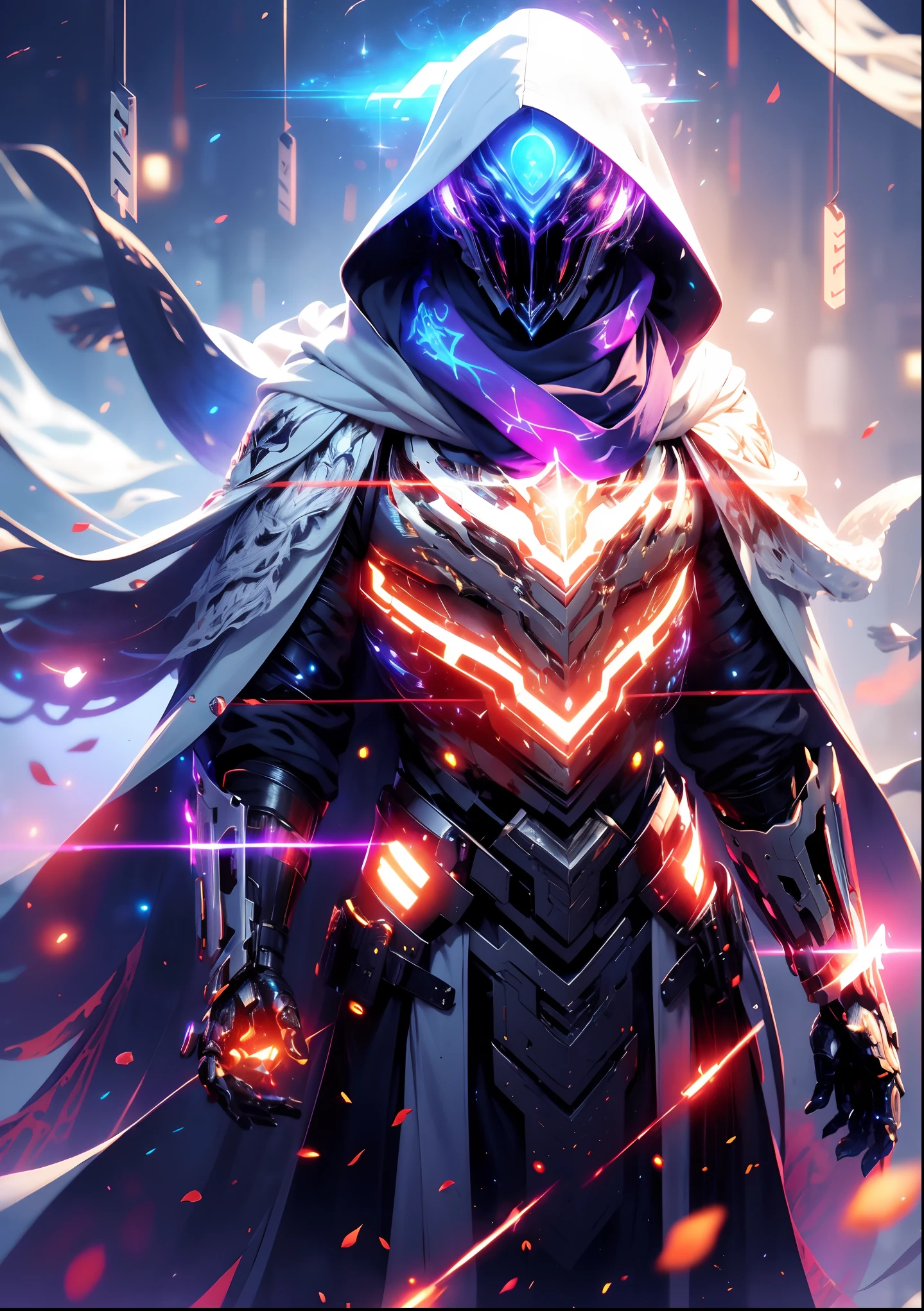 realistic,shiny,reflective,bioluminic, galactic cybernetic mask,mecha,(assassin:1.2),((((scarf,long cloak)))),sh4g0d,GlowingRunes_red,fullbody,cinemnatic,dark background,backlight,high contrast,