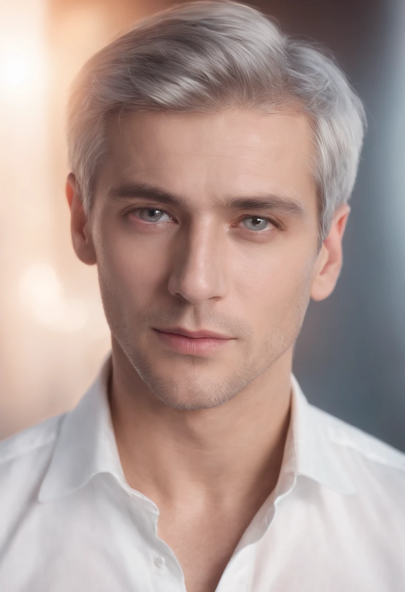 Young man, 25 years, gray hairs, wearing white shirt , One Blind Eye, scar on the eye Reality photo, Reality Skin, detailed skin, Glowing light eyes, biomechanical, eldritch, Creepy, nightmarish, Very bright colors, light particles, with luminous light, Mshiff, Wallpaper Art, UHD wallpaper