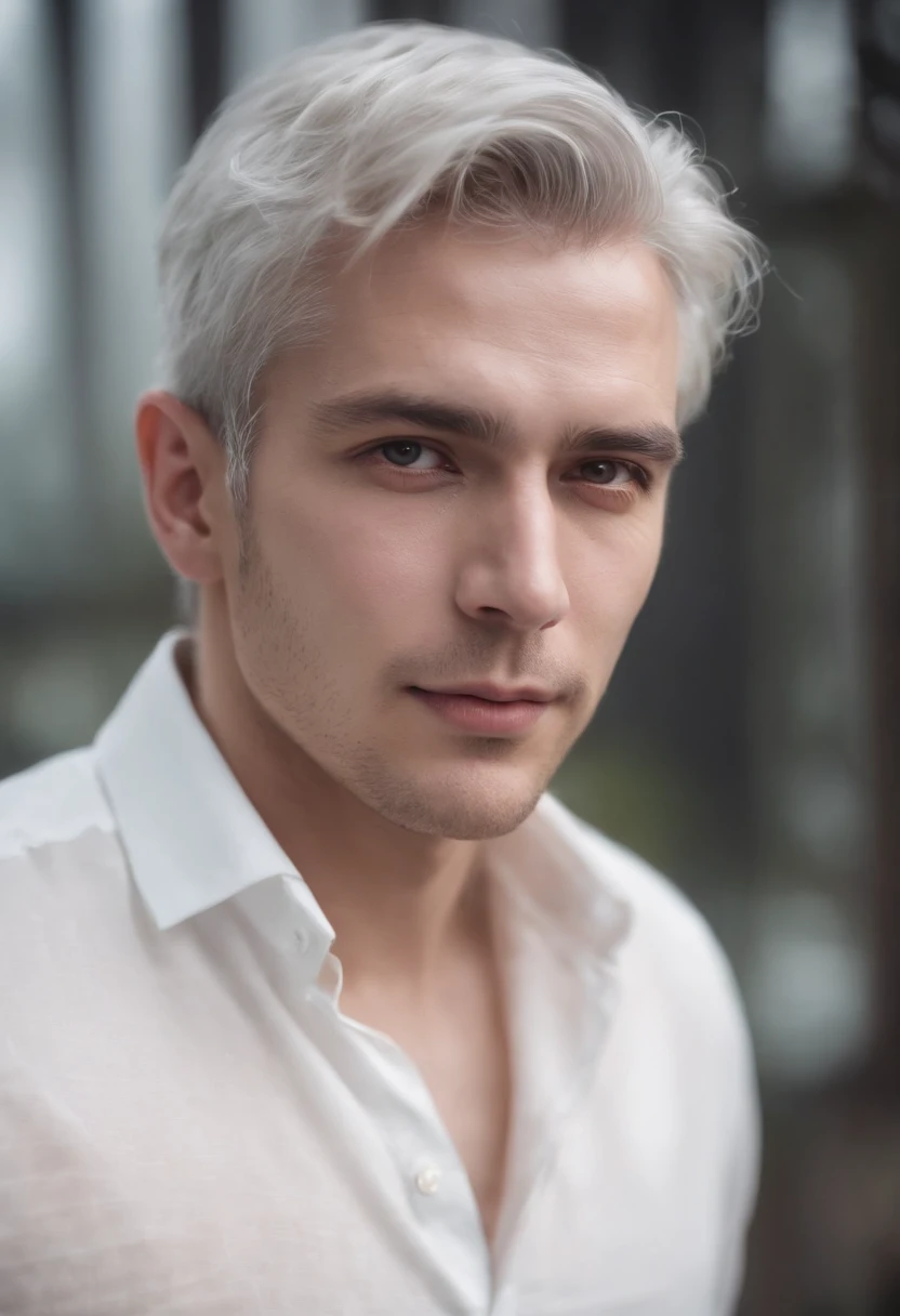 Young man, 25 years, gray hairs, wearing white shirt , One Blind Eye, scar on the eye Reality photo, Reality Skin, detailed skin, Glowing light eyes, biomechanical, eldritch, Creepy, nightmarish, Very bright colors, light particles, with luminous light, Mshiff, Wallpaper Art, UHD wallpaper