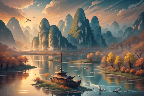 （best qualtiy:1.2），Ink landscape painting style，Autumn in the landscape of Guilin。Sunset Dusk, China，Lonely boat in the mountain...