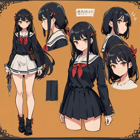 (masuter piece,Best Quality,Ultra-detailed), (Character Sheet:1.2),Full body, School uniform, Front view, Side view, posterior view, Golden Eyes, Glowing pupils, delicate hair ornaments, long straight black hair, bow ribbon, lightsmile, 校服, Holiday One Pie...
