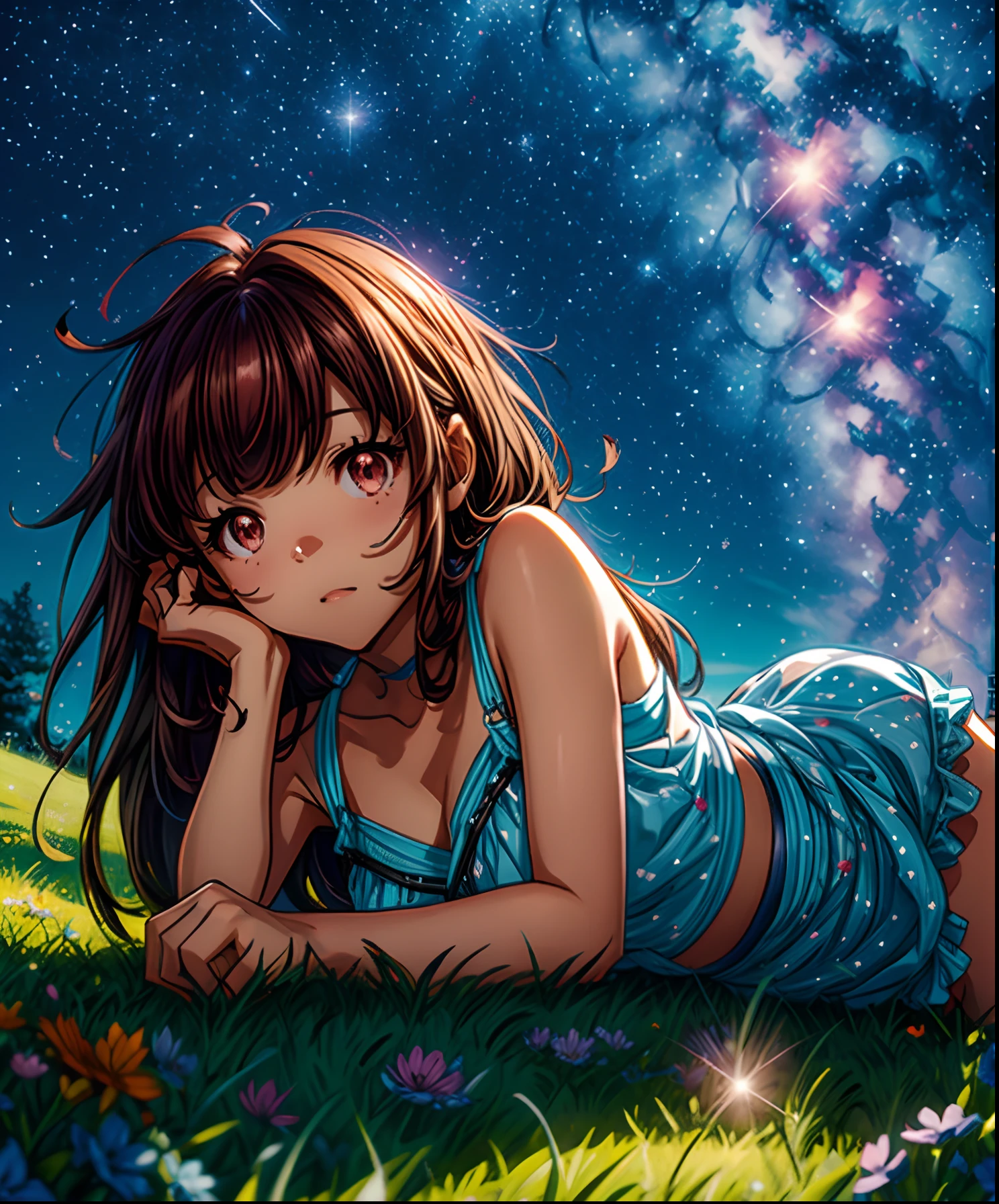 Describe a scene where a cute girl character is lying on a grassy hill, Looking up at the starry sky. Surround her with colorful nebulae and her favorite constellations.