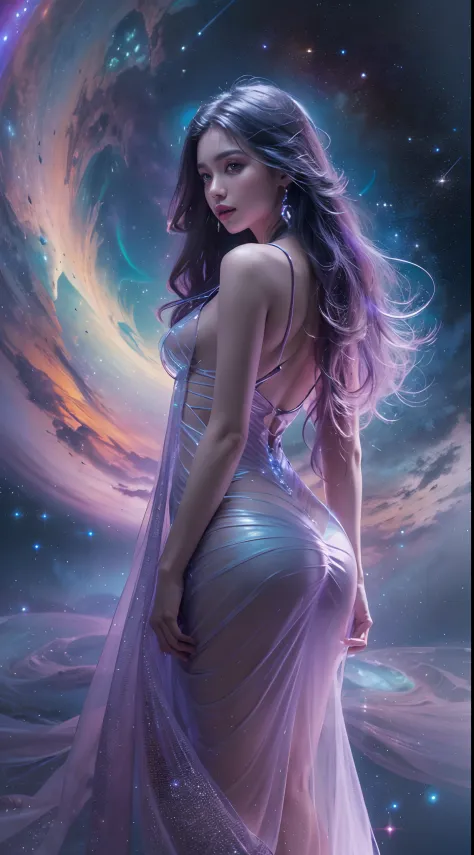 (Best quality,Ultra-detailed,Realistic:1.37), Ethereal eyes, Intricate alien characteristics,[(((Glassy transparent skin)))+purpleish color],(high-heels), Vibrant colors, celestial background, Cosmic atmosphere, otherworldly presence, Starry sky, Radiant c...