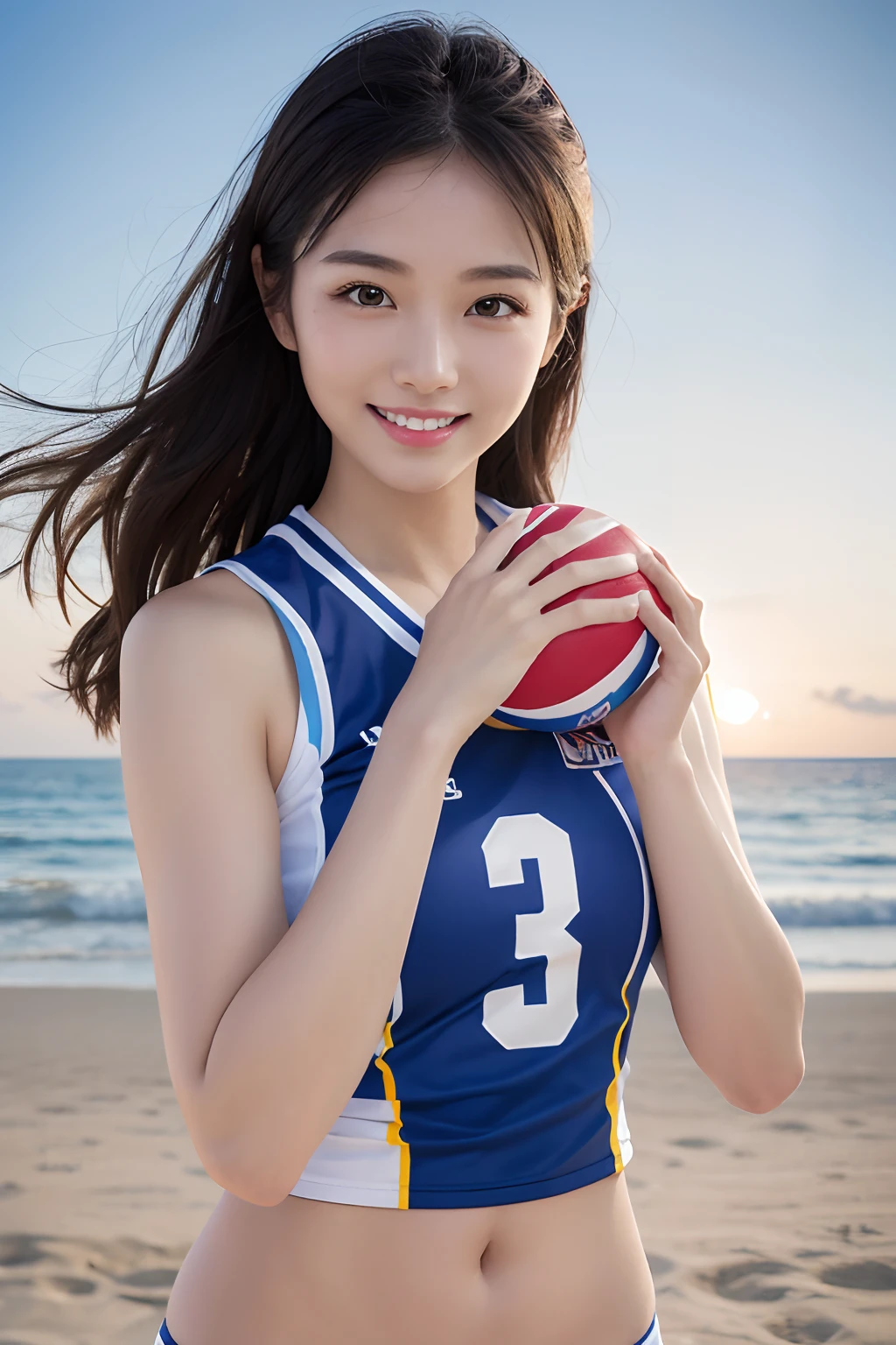 girl，Play volleyball at the beach，Net，A generous smile，Three-dimensional facial features，Face light, Ray traching, (Whitening Light: 1.2), (Image Enhancement: 1.4),( Top Quality Real Skins: 1.4), largeeyes ,Fine face, largeeyes,Enchanted smile (increase in mood of body line: 1.1) ）,self-assured、Bullish, (Skin texture enhances beauty: 1.1),（Cinematic texture，super detailing，Hair flying，，Long legs，in a panoramic view，Volleyball uniform，sense of strength，Sporty，Masterpiece，super detailing