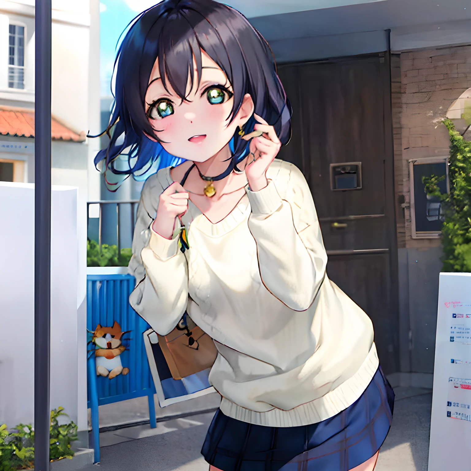 hoshizora_rin, cat_emoji,black hair,blue eyes,blue sweater,white skirt,