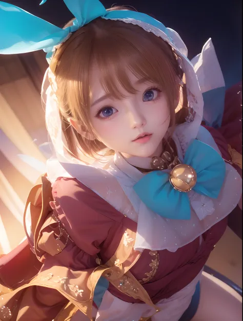 1girl, blue rabbit ear bandana, gold hair, short hair, red bunny dress, realistic, ultra detail, 8k,