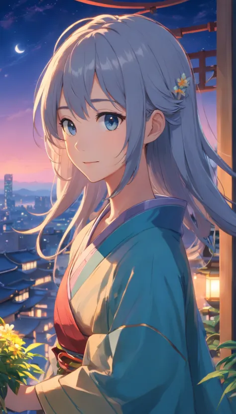 Best quality at best，tmasterpiece，The is very detailed，Face details，8K, detailed back ground，1girll，独奏，Silver hair，eBlue eyes，，long whitr hair，wavey hair，voluminous hair，，，Blushlush，ssmile，Shawl，Chinese city，Chinese service，the night，themoon，scenecy，high p...