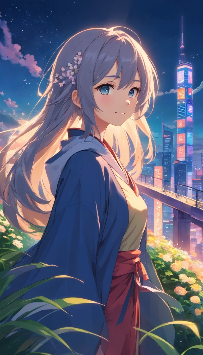 Best quality at best，tmasterpiece，The is very detailed，Face details，8K, detailed back ground，1girll，独奏，Silver hair，eBlue eyes，，long whitr hair，wavey hair，voluminous hair，，，Blushlush，ssmile，Shawl，Chinese city，Chinese service，the night，themoon，scenecy，high place，horizon，ventania，wind blown，flowerbed，looking at viewert